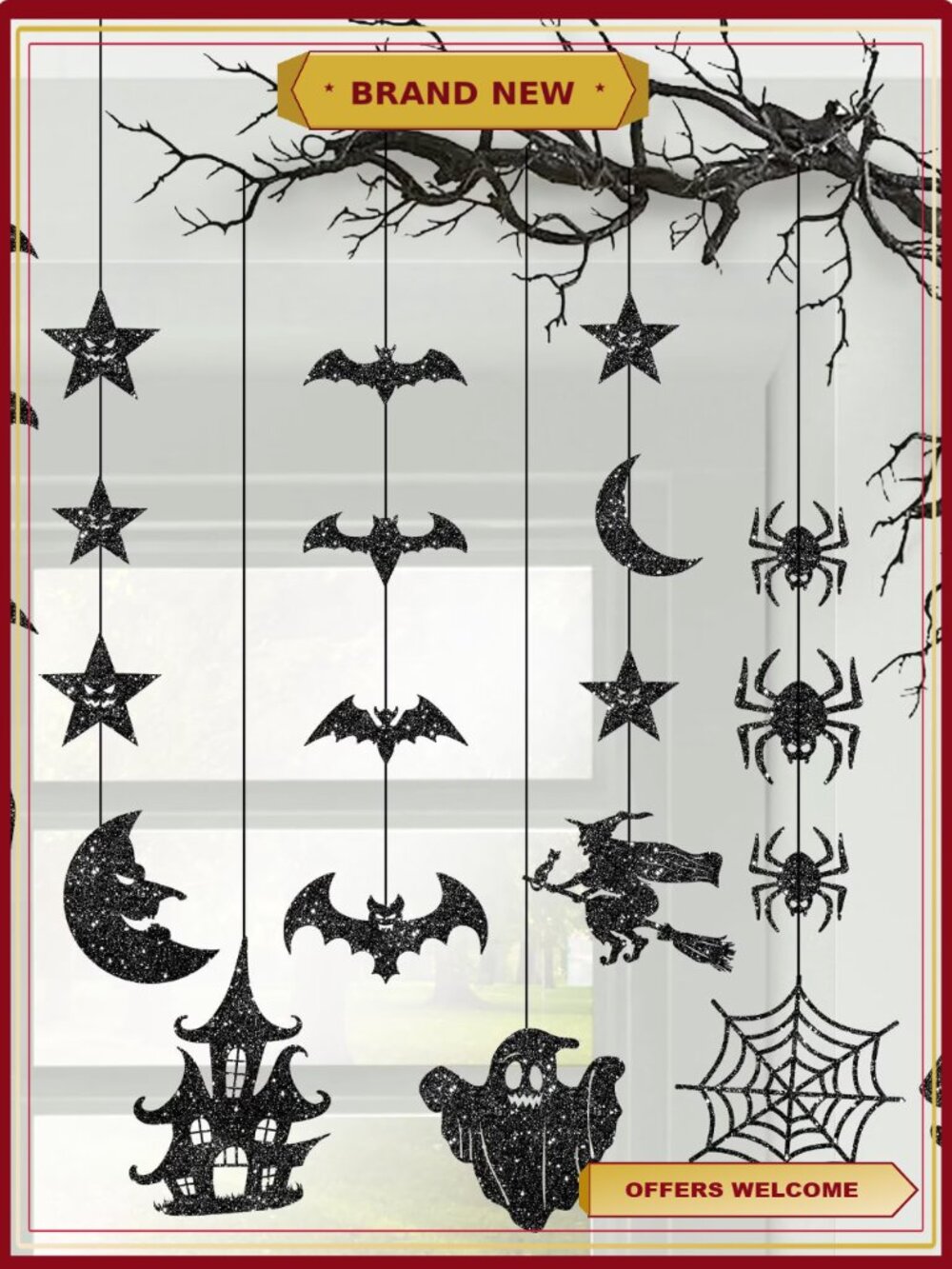 Glitter Black Halloween Garland Pack of 8 Bats Ghosts Pumpkins